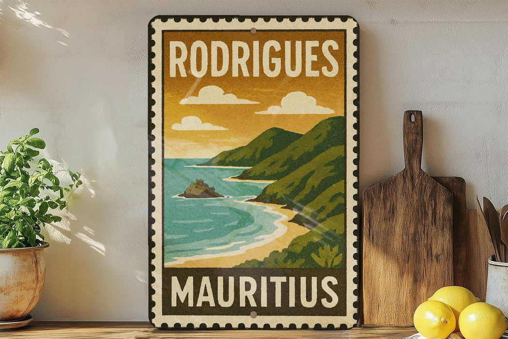 A vintage-style metal sign with the text "RODRIGUE" and "Mauritius" printed on it, depicting a tropical beach scene with mountains and a blue ocean.