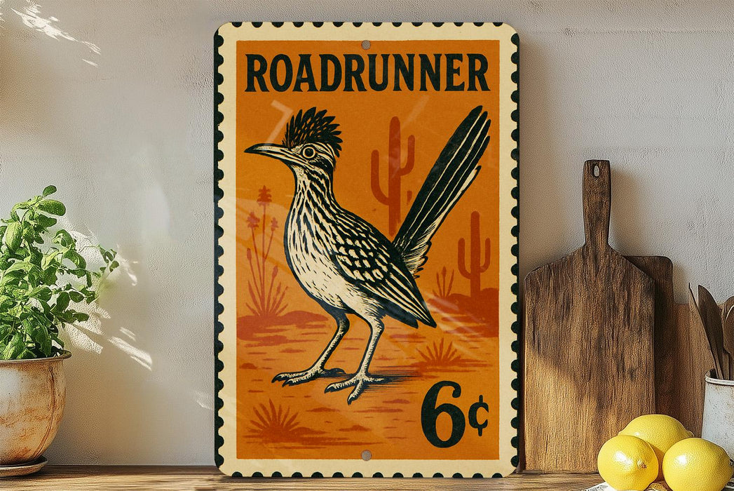 a vintage-style metal sign with a Roadrunner illustration, placed on a wooden surface next to a wooden cutting board and some lemons.