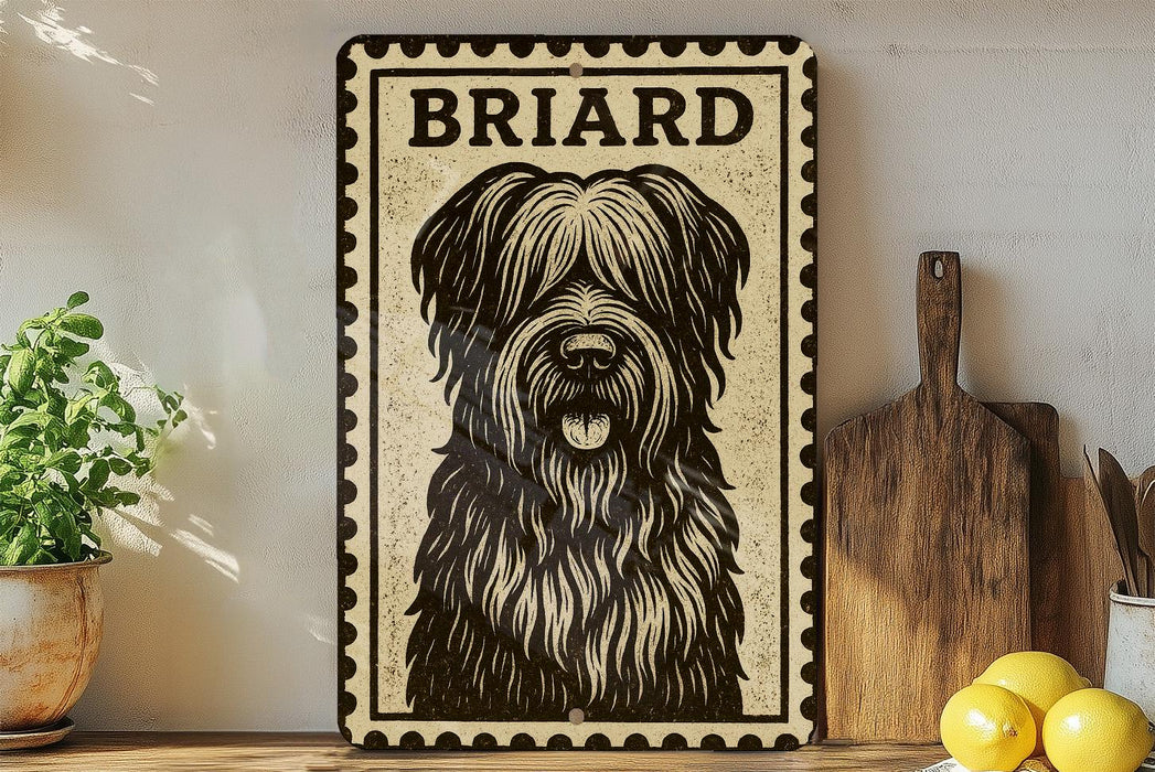 a decorative sign with a black and white illustration of a dog's face, placed on a wooden surface next to a wooden cutting board and some lemons.