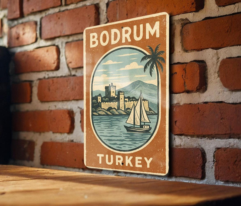 A vintage-style sign with the text "BODRUM TURKEY" and an illustration of a sailboat on a body of water, mounted on a brick wall.