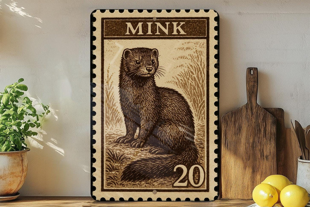 a framed print of a brown bear, which appears to be a postage stamp. The bear is sitting on a rock and is surrounded by a natural setting. The print is mounted on a wall, and there are some kitchen utensils, such as a knife and a spoon, visible in the background.