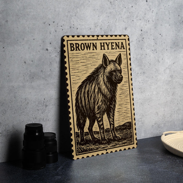 A framed illustration of a hyena is displayed on a wall, with a stack of black camera lenses to the left and a white plate to the right.