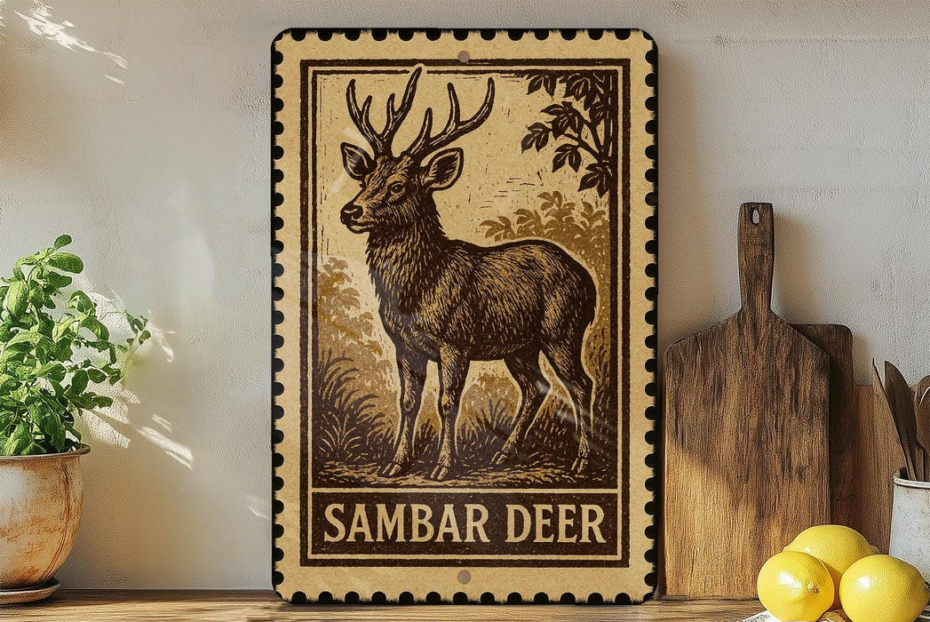a decorative metal plate with a detailed illustration of a Sambar deer, which is a type of deer native to the Indian subcontinent. The plate is displayed on a shelf, surrounded by various kitchen utensils and decorative items, such as a potted plant and a wooden cutting board.