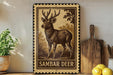 a decorative metal plate with a detailed illustration of a Sambar deer, which is a type of deer native to the Indian subcontinent. The plate is displayed on a shelf, surrounded by various kitchen utensils and decorative items, such as a potted plant and a wooden cutting board.