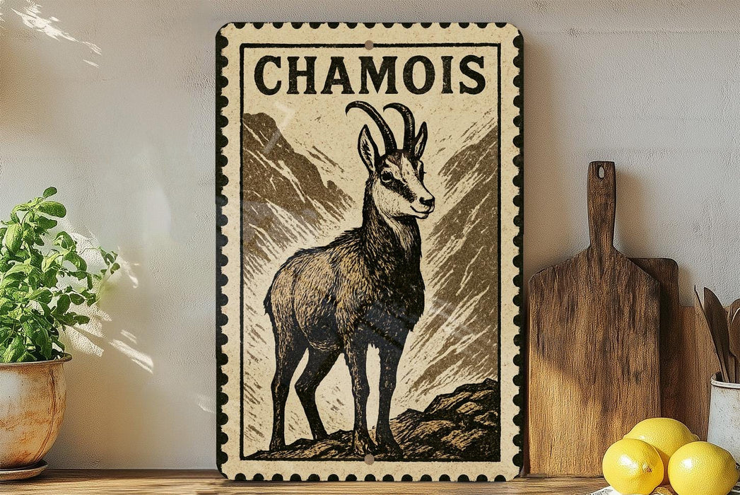 a decorative metal sign with a printed illustration of a mountain goat, placed on a wooden surface next to a wooden cutting board and some lemons.