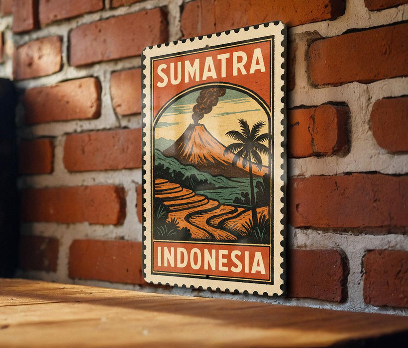 A vintage-style postage stamp from Sumatra, Indonesia, featuring a tropical landscape with a volcano and palm trees.