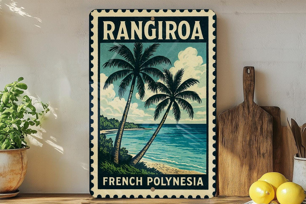 A vintage-style metal sign with a tropical beach scene and palm trees, featuring the text "RANGIROA FRENCH POLYNESIA".