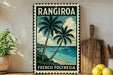 A vintage-style metal sign with a tropical beach scene and palm trees, featuring the text "RANGIROA FRENCH POLYNESIA".