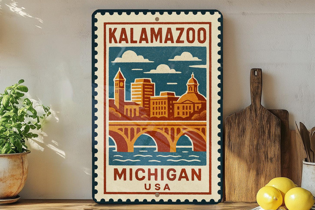 A vintage-style metal sign with a cityscape illustration and the text "KALAMAZOO MICHIGAN USA" is displayed on a shelf next to a wooden cutting board and a potted plant.