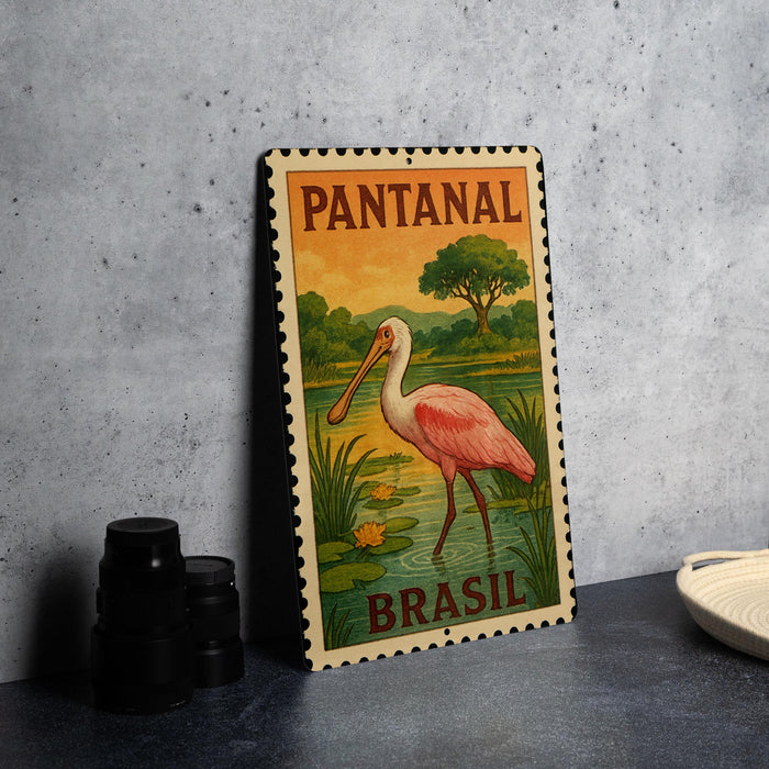 A metal sign with a pink flamingo and the text "PANTANAL BRASIL" is displayed on a gray wall.