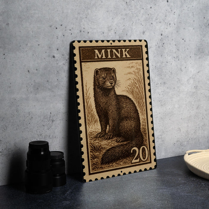 A metal stamp featuring a brown mink sitting on a grassy field, with the word "MINK" printed on it.