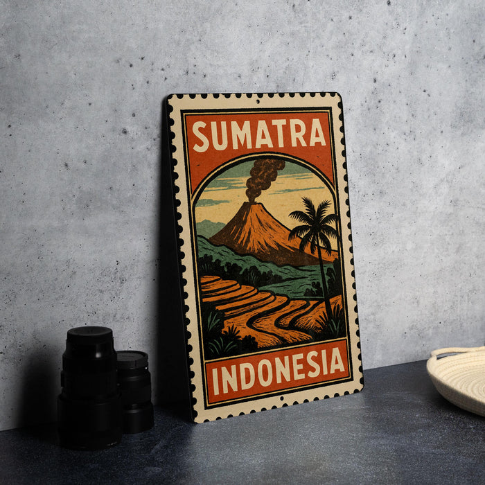 A metal sign with a vintage-style illustration of a Sumatra volcano, surrounded by tropical elements, is displayed on a gray wall.
