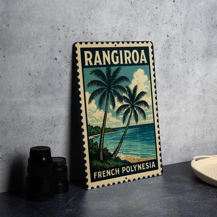 A vintage-style metal sign with a tropical beach scene and palm trees, featuring the text "RANGIRO A FRAENCH POLYNESIA".
