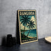 A vintage-style metal sign with a tropical beach scene and palm trees, featuring the text "RANGIRO A FRAENCH POLYNESIA".