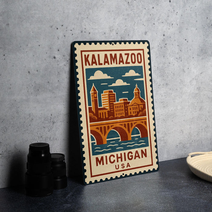 A metal sign with a colorful illustration of a city skyline and a bridge, along with the text "KALAMAZOO MICHIGAN USA" printed on it, is displayed on a table.