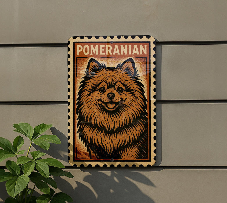 A metal sign with a pomeranian dog illustration on it, mounted on a wall.