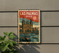 A vintage-style metal sign with a colorful illustration of a cityscape and boats, mounted on a wall.