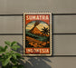 a vintage-style sign with a tropical landscape, including a mountain, palm trees, and a river, mounted on a wall.