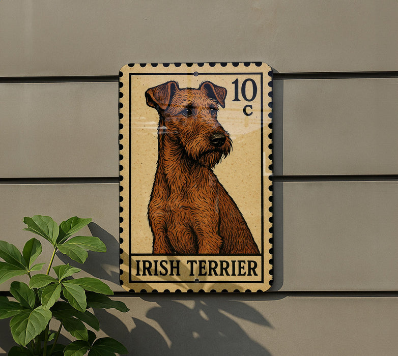 a brown dog, specifically an Irish Terrier, depicted on a postage stamp-like sign.