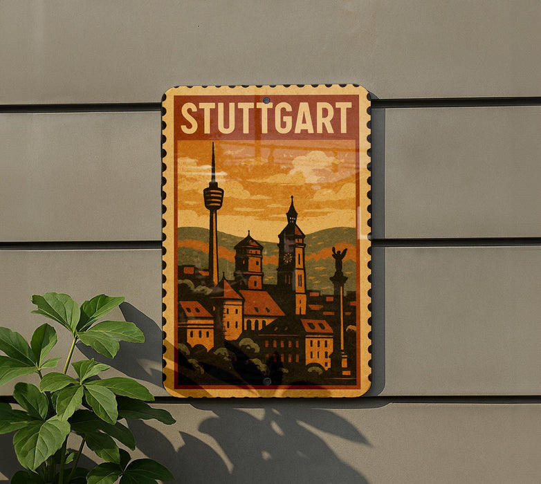A vintage-style metal sign with the word "STUTTGART" displayed prominently, featuring a cityscape with a clock tower and other architectural elements.