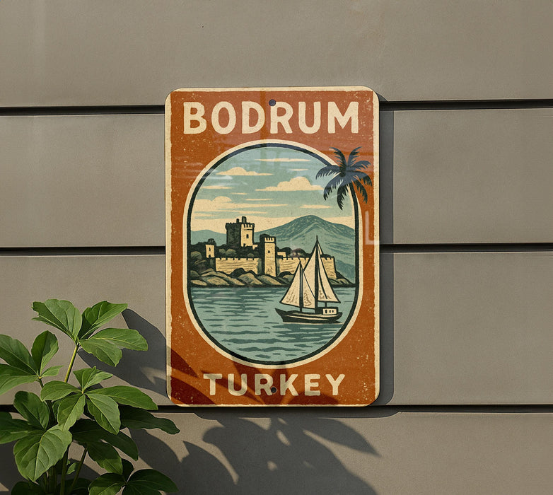 A vintage-style sign for Bodrum, Turkey, featuring a castle, palm trees, and a sailboat on the water.