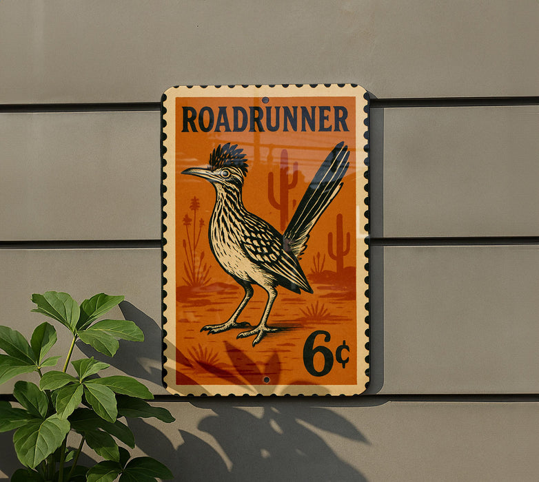 a vintage-style stamp or sign with an illustration of a Roadrunner bird, mounted on a wall.