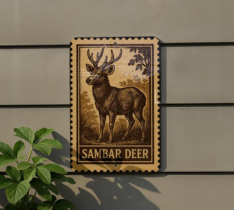 a wooden sign with a deer illustration, mounted on a wall.