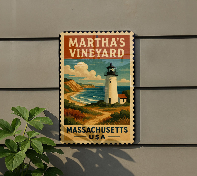 A vintage-style metal sign with a lighthouse and coastal landscape, mounted on a wall.