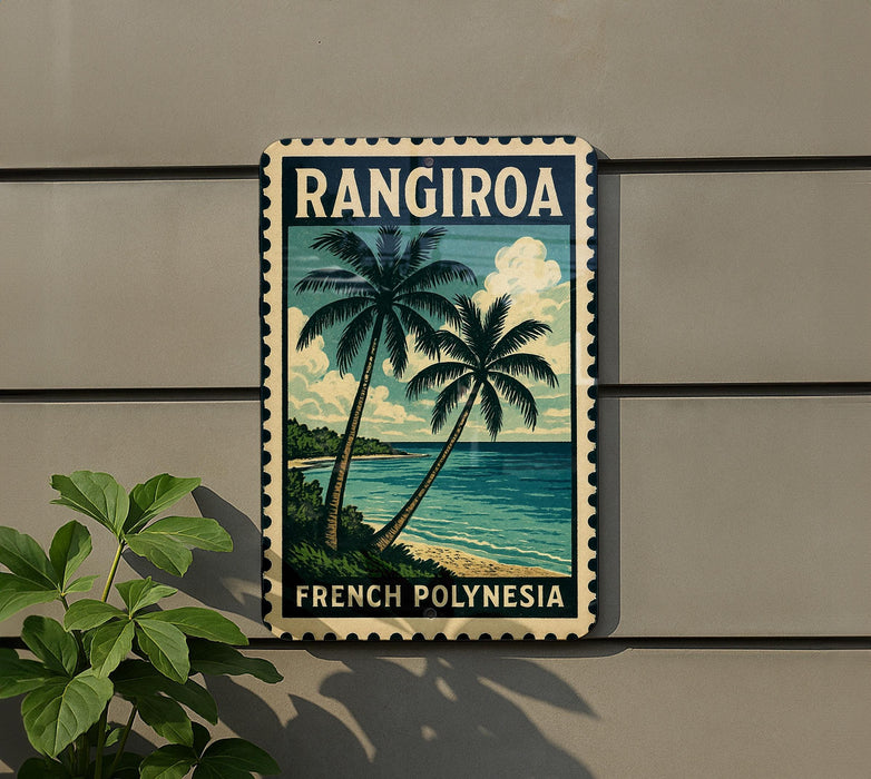 A vintage-style poster of a tropical beach scene with palm trees, displayed on a wall.