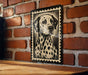 A framed image of a Dalmatian dog is displayed on a brick wall.