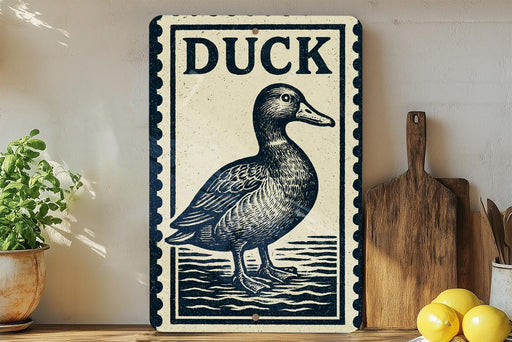 a decorative sign with a duck illustration, placed on a wooden surface next to a wooden cutting board and some lemons.