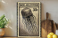 a framed illustration of a jellyfish, with a price tag of 30 cents, placed on a wooden surface next to a wooden cutting board and some lemons.