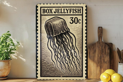 a framed illustration of a jellyfish, with a price tag of 30 cents, placed on a wooden surface next to a wooden cutting board and some lemons.