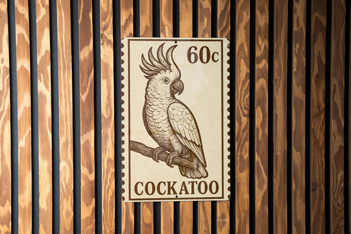 A stamp-like sign featuring a detailed illustration of a cockatoo bird perched on a branch.