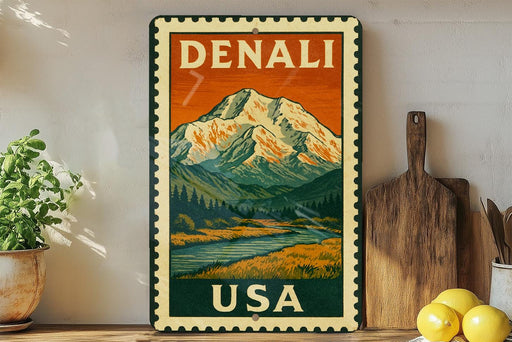 A vintage-style metal sign with a mountain landscape and text, mounted on a wall next to a wooden cutting board and some potted plants.