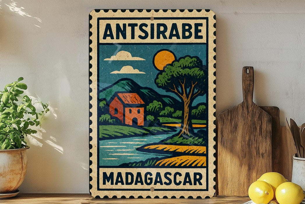 A vintage-style metal sign with a colorful illustration of a rural landscape, including a house, trees, and a river, is displayed on a shelf next to a wooden cutting board and some potted plants.