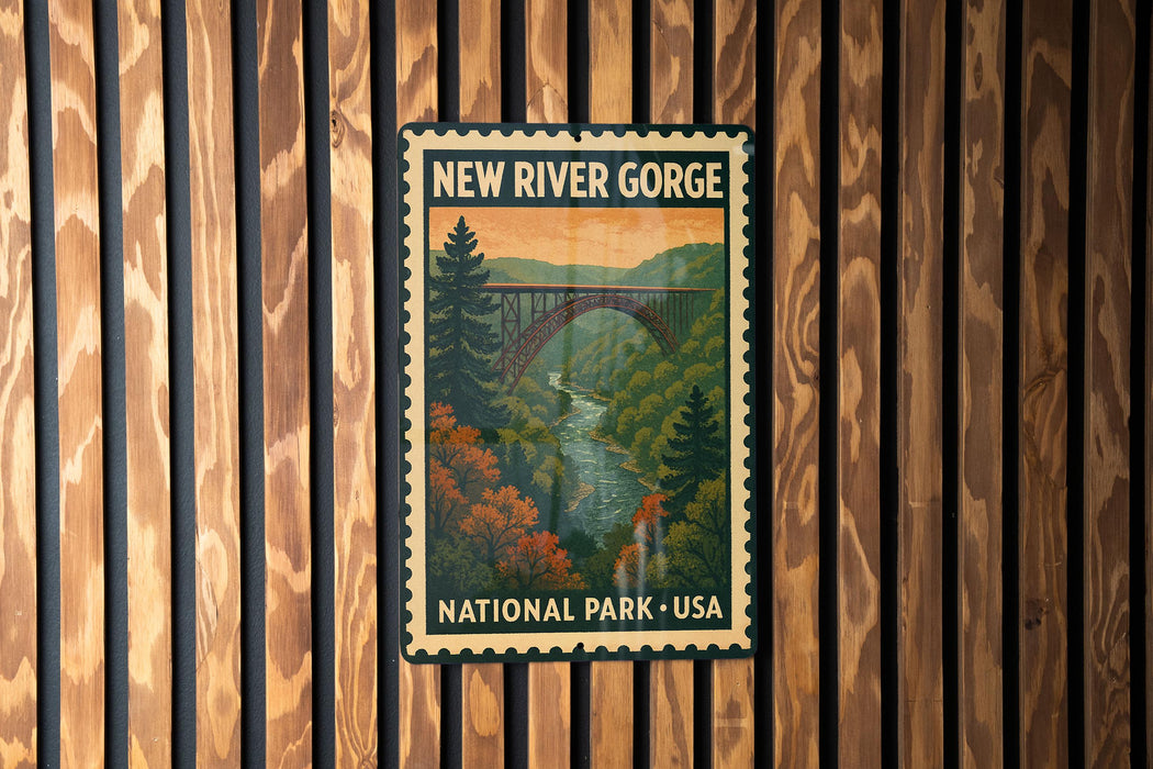 A vintage-style poster of the New River Gorge National Park in the United States, featuring a scenic landscape with a bridge and autumn foliage.
