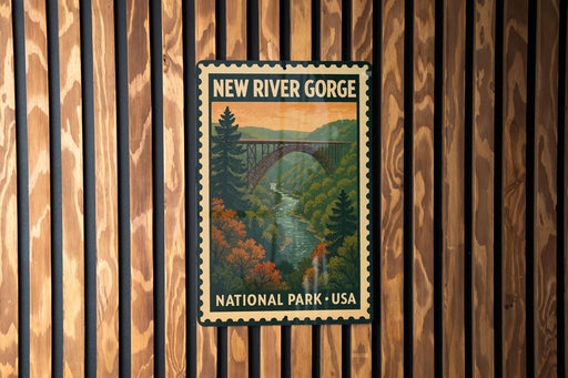 A vintage-style poster of the New River Gorge National Park in the United States, featuring a scenic landscape with a bridge and autumn foliage.