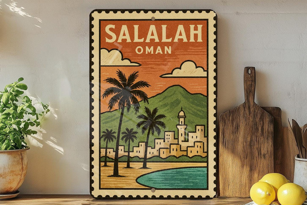 A framed vintage-style poster of Salalah, Oman, featuring a tropical landscape with palm trees, mountains, and a body of water.