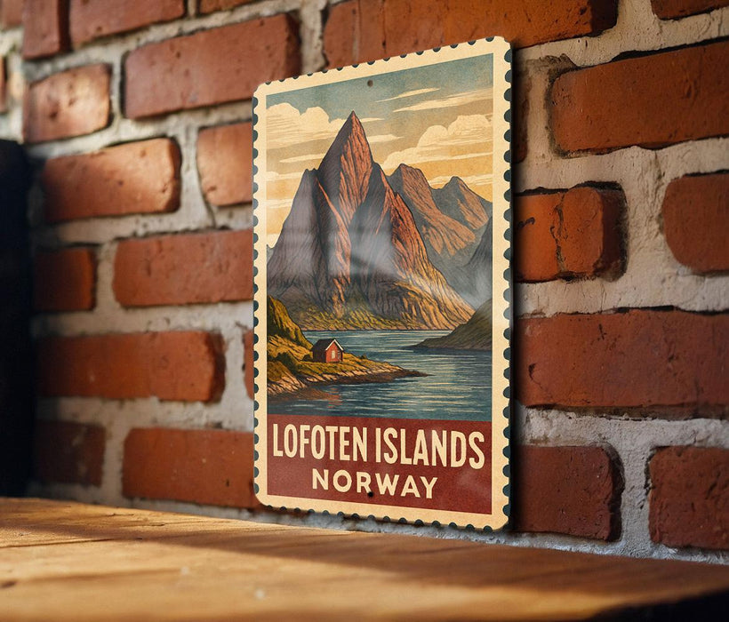 A vintage-style poster of the Lofoten Islands in Norway, featuring a mountain landscape with a small cabin in the foreground.