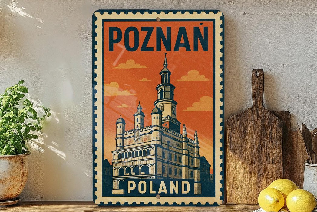 A vintage-style metal sign with the text "POZNAN POLAND" and an illustration of a castle-like building, placed on a shelf next to a wooden cutting board and some potted plants.