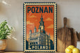 A vintage-style metal sign with the text "POZNAN POLAND" and an illustration of a castle-like building, placed on a shelf next to a wooden cutting board and some potted plants.