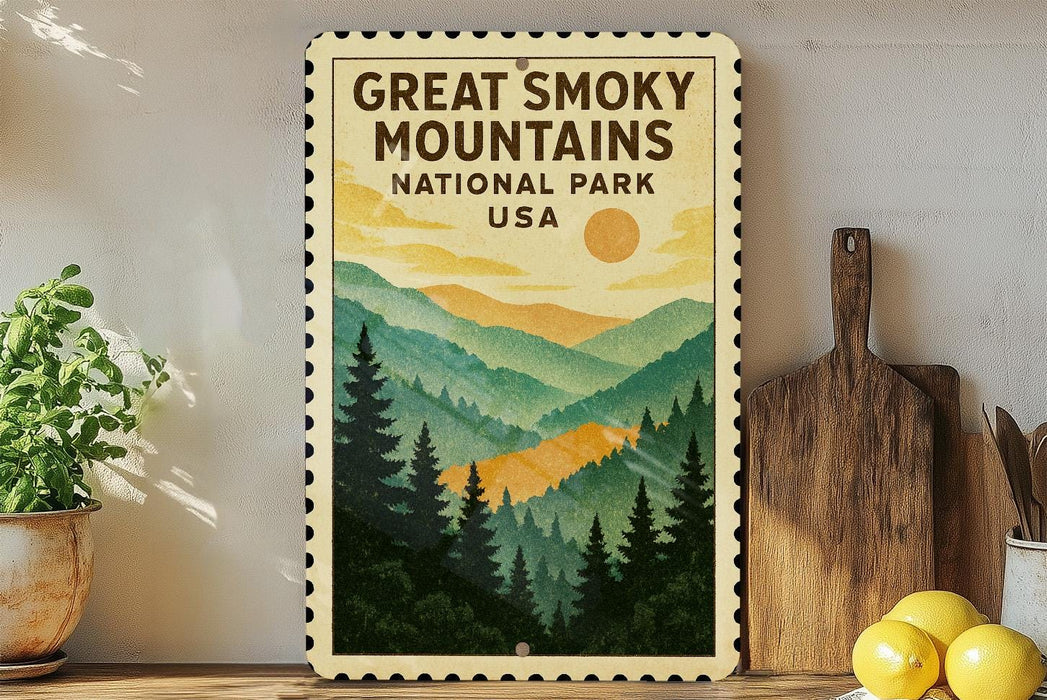 A framed poster of the Great Smoky Mountains National Park in the United States, featuring a scenic mountain landscape with pine trees and a sun in the sky.