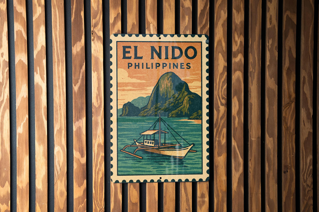 A vintage-style poster of El Nido, a popular tourist destination in the Philippines, is displayed on a wooden wall.