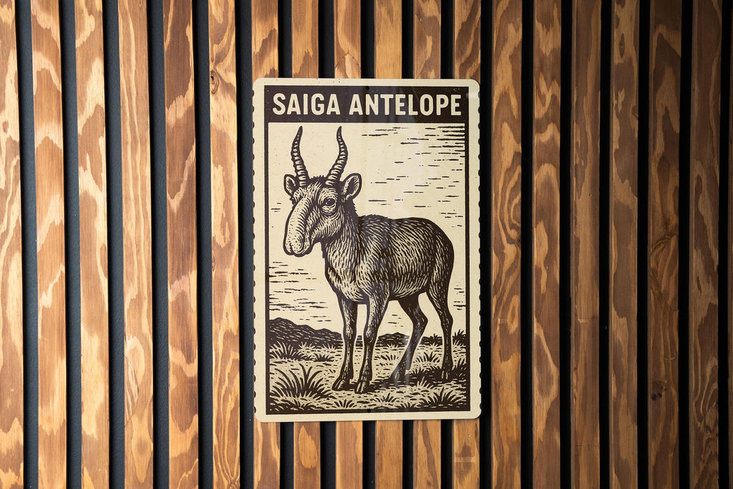 a wooden wall with a framed illustration of a gazelle, which is a type of antelope.