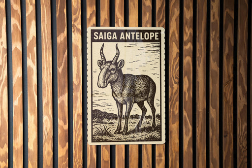 a wooden wall with a framed illustration of a gazelle, which is a type of antelope.