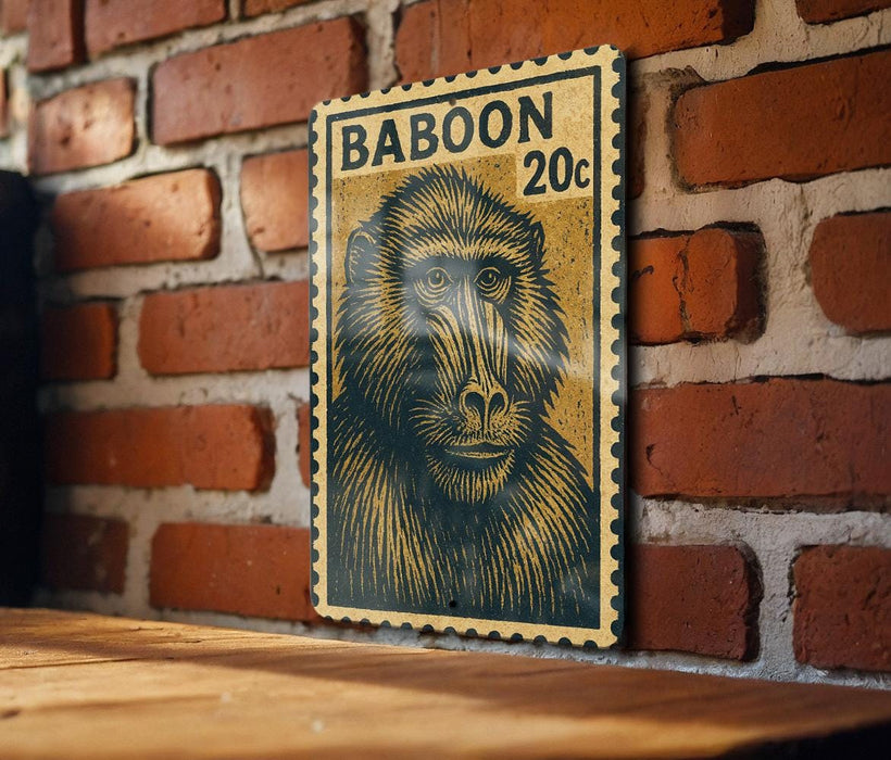 A wooden table with a wooden frame, and a framed image of a baboon on the wall.