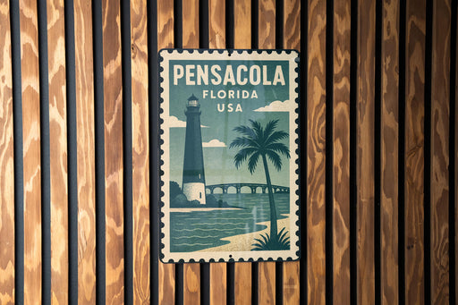 A vintage-style metal sign with the text "PENSACOLA FLORIDA USA" and a lighthouse illustration, mounted on a wooden wall.