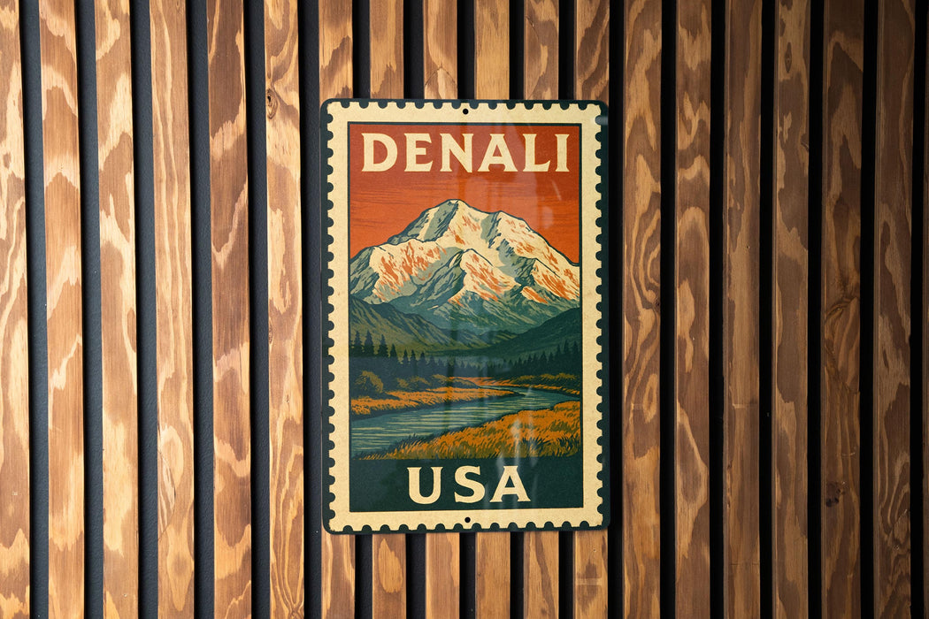 A vintage-style metal sign with the word "DENALI" and "USA" printed on it, mounted on a wooden wall.