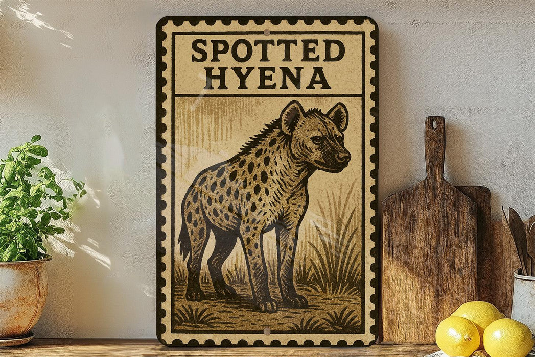 a framed illustration of a spotted hyena, with a wooden cutting board and a potted plant to the left.